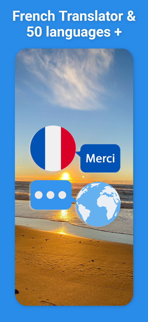 French Translator & More + - App interface for French Translator and More showing language translation icons over a beach sunset