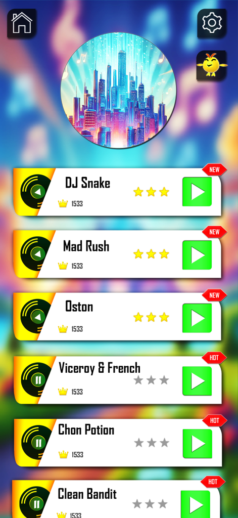 Music Games - Piano Beat Games - A song selection menu featuring various artists and tracks in the Music Games Piano Beat app