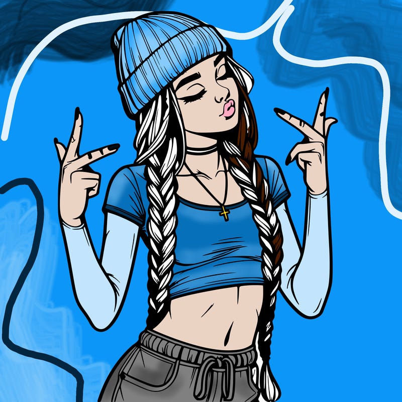 realistic teenage girl with braids and a beanie and crop top doing 🫶🏼
