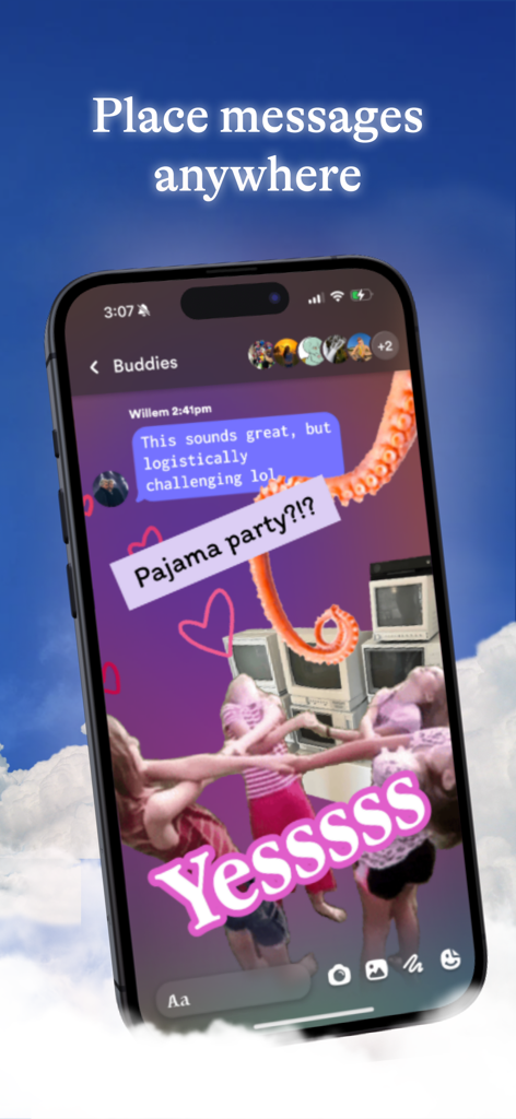 Daze app interface showing a creative freeform chat where messages and drawings can be placed anywhere on the screen