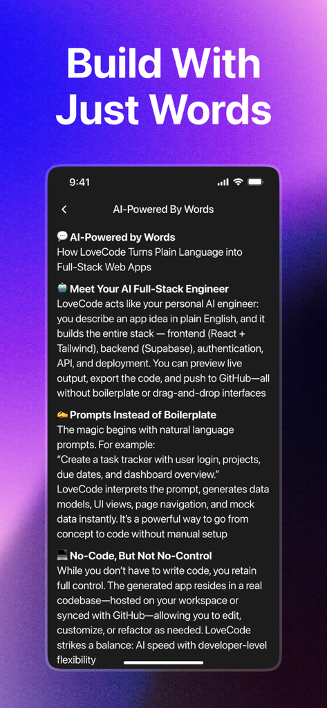 LoveCode Dev AI Guide - LoveCode Dev AI Guide app interface explaining how to build full-stack web apps using plain language prompts