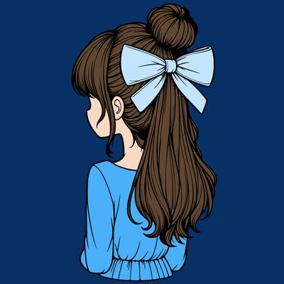 realistic girl  with hip length hair a bun and a big bow on the back of head