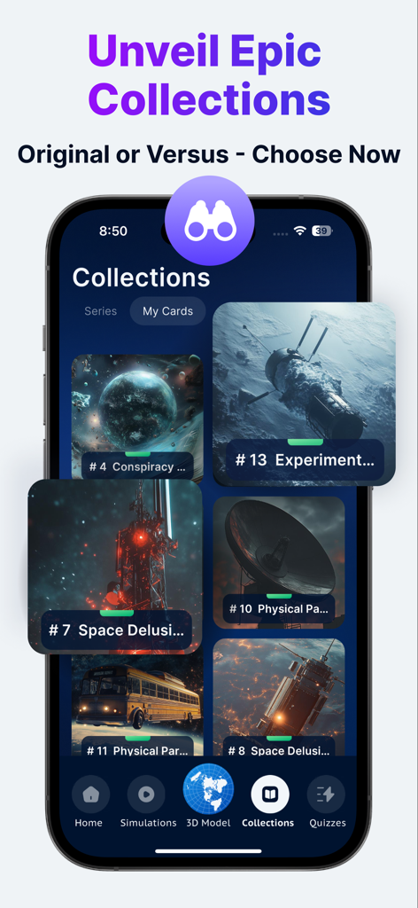Flataverse: Explore Flat Earth - Flataverse app interface showing a grid of collectible proof cards with conspiracy and alternative science themes.