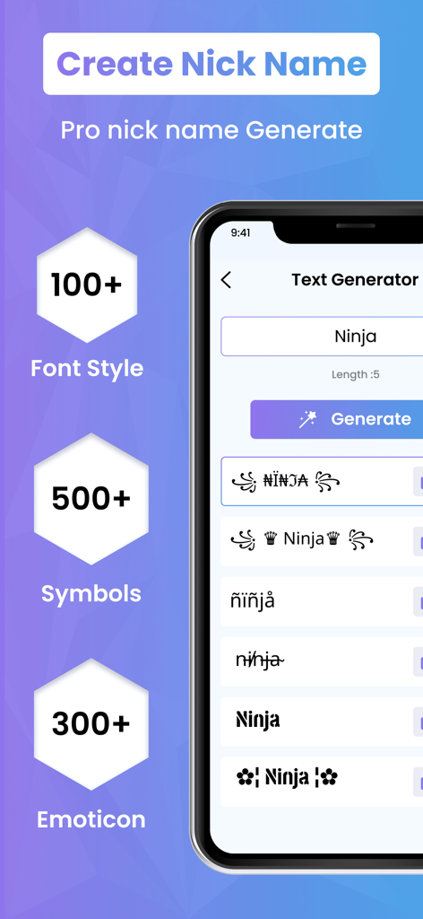 Nickname Generatore - 맞춤형 게임 ID를 위한 다양한 꾸미기 글꼴과 기호가 있는 닉네임 생성기 앱을 표시하는 스마트폰 화면