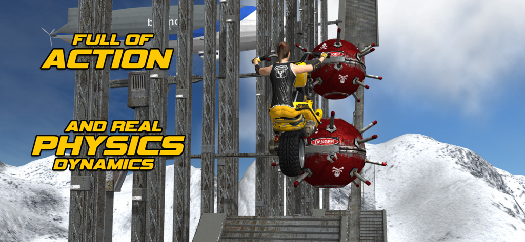 Motorbike - A motorbike rider performing stunts near spiked obstacles in a snowy mountain level