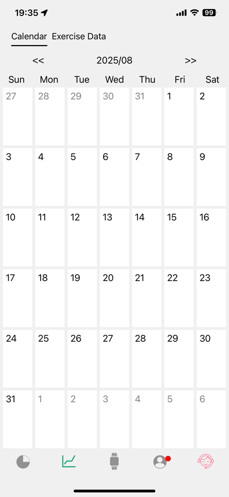 Monthly calendar view for tracking exercise and health data history in the HanFit app