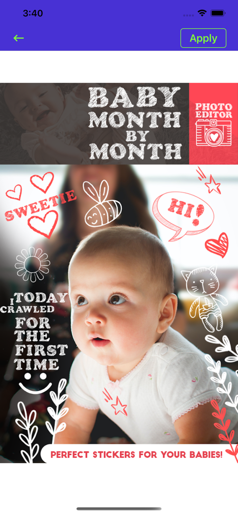 BabyPic Art & Monthly Pictures - A baby photo edited with cute doodles and milestone text for their first crawl.