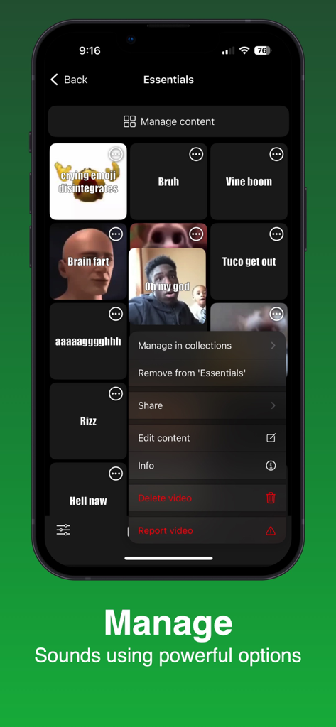 Soundboard Online - Memes - Interfaz de una aplicación móvil que muestra una colección de botones de sonido de memes con un menú para gestionar y editar contenido.