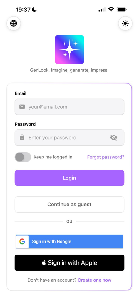 Login screen of the GenLook AI app featuring email sign in and social login options for Google and Apple.