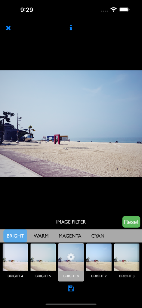 TAPCA - The TAPCA mobile app image filter interface showing the Bright theme applied to a beach landscape photo.