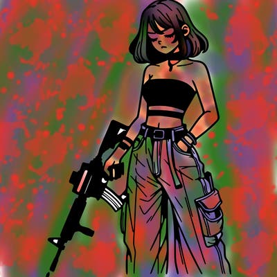 a dangerous girlcrop top and baggy jeans with a rifle in her hand