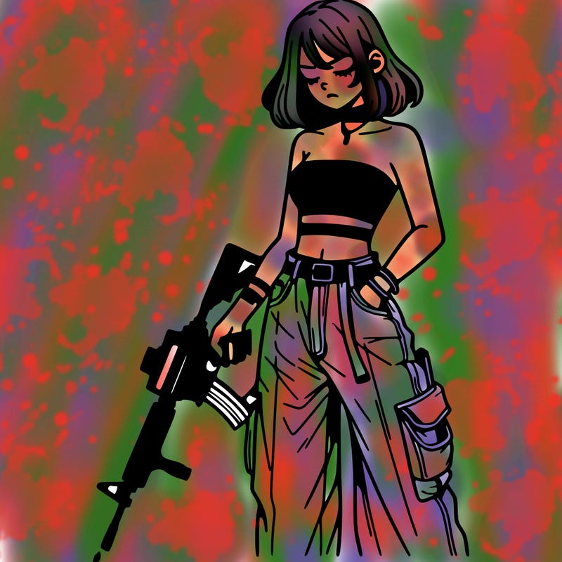 a dangerous girlcrop top and baggy jeans with a rifle in her hand