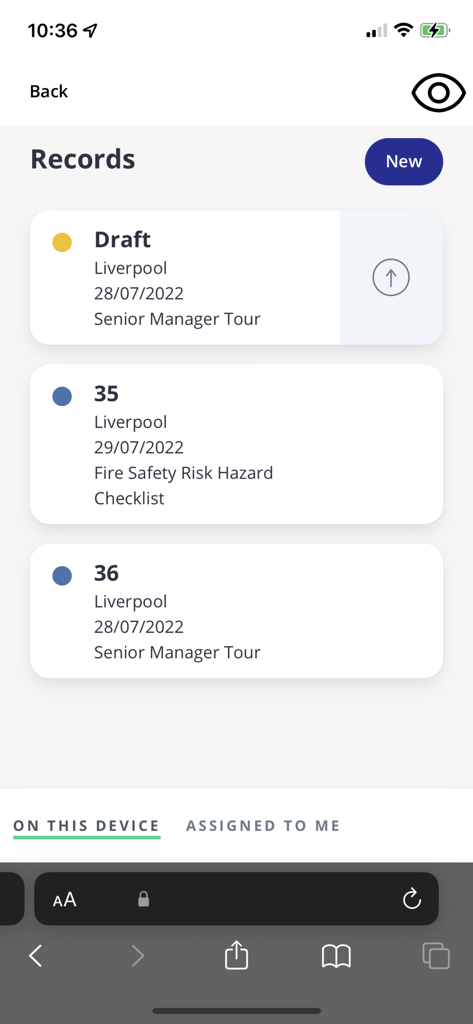 EcoOnline EHS mobile app interface showing a list of safety records and incident reports including drafts and fire safety checklists.