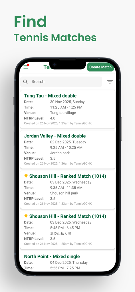 TennisGO HK - Interfaz de la app móvil que muestra una lista de partidos de tenis en Hong Kong con detalles sobre ubicación, hora, formato y nivel de habilidad NTRP.