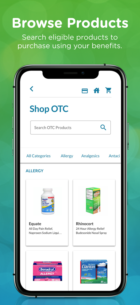 Healthy Benefits Plus - Interface de l'application Healthy Benefits Plus montrant des médicaments en vente libre éligibles comme les produits contre les allergies et la douleur