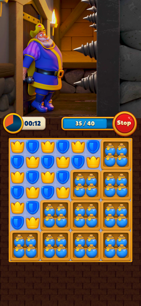 A match-3 puzzle level in Royal Match with a top panel showing King Robert in danger from a spiked wall.