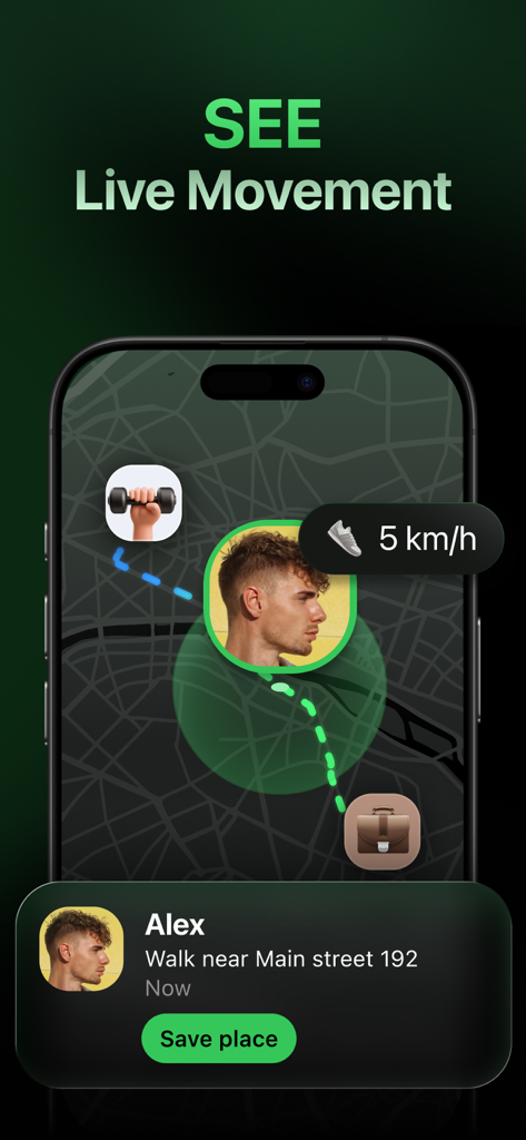 Location Tracker & GPS - Lokka - Lokka app interface showing live movement speed and real time location tracking on a map