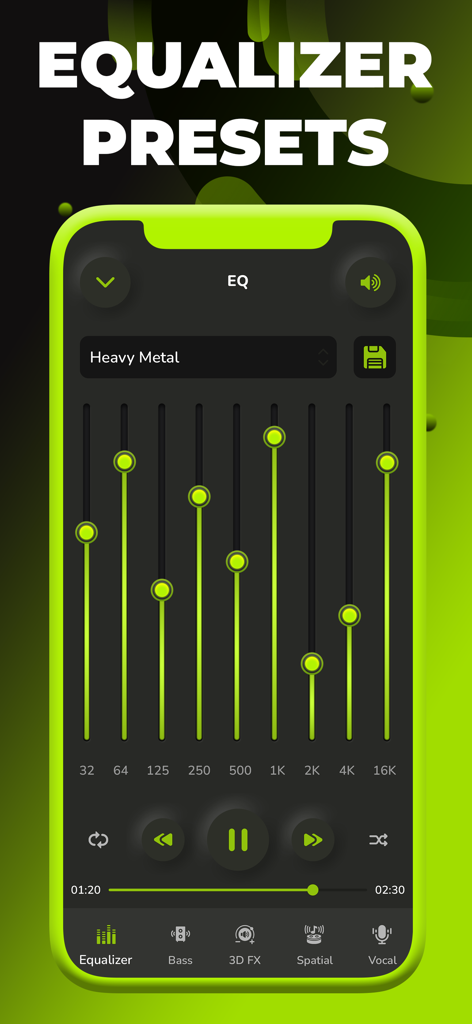 Volume Booster - Equalizer FX - Volume Booster app interface displaying custom equalizer settings and heavy metal music preset