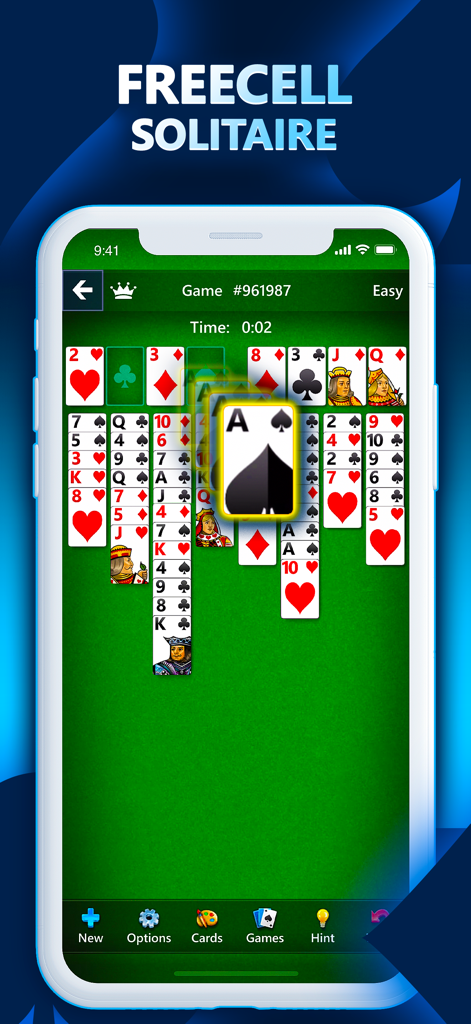 Microsoft Solitaire Collection - Una pantalla de teléfono inteligente que muestra una partida de FreeCell Solitaire en la aplicación Microsoft Solitaire Collection