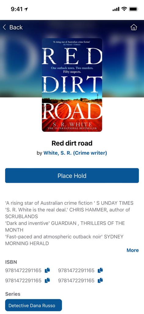 Book detail page for Red Dirt Road showing a Place Hold button in Your Library App