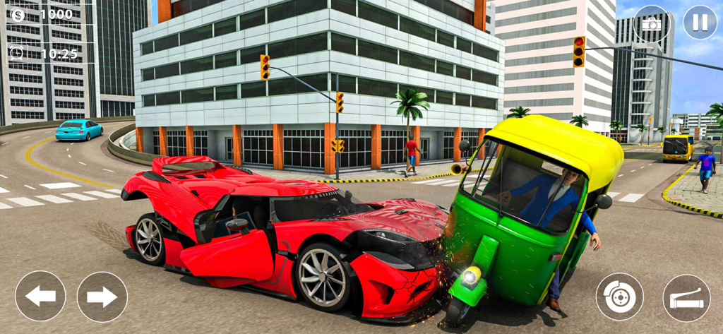 Tuk-Tuk Auto Rickshaw Games - A green and yellow auto rickshaw crashing into a red sports car in a 3D city street simulation.
