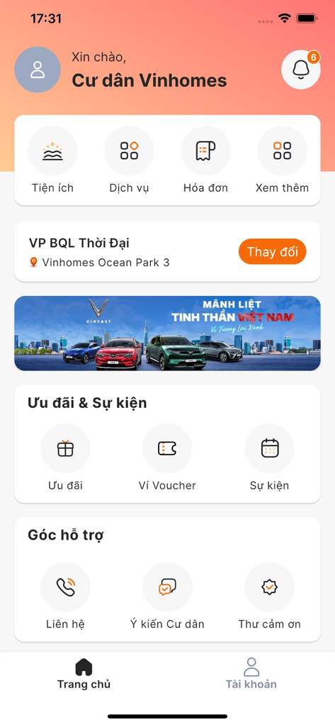 Home screen of the Vinhomes Resident app showing property management utilities and services