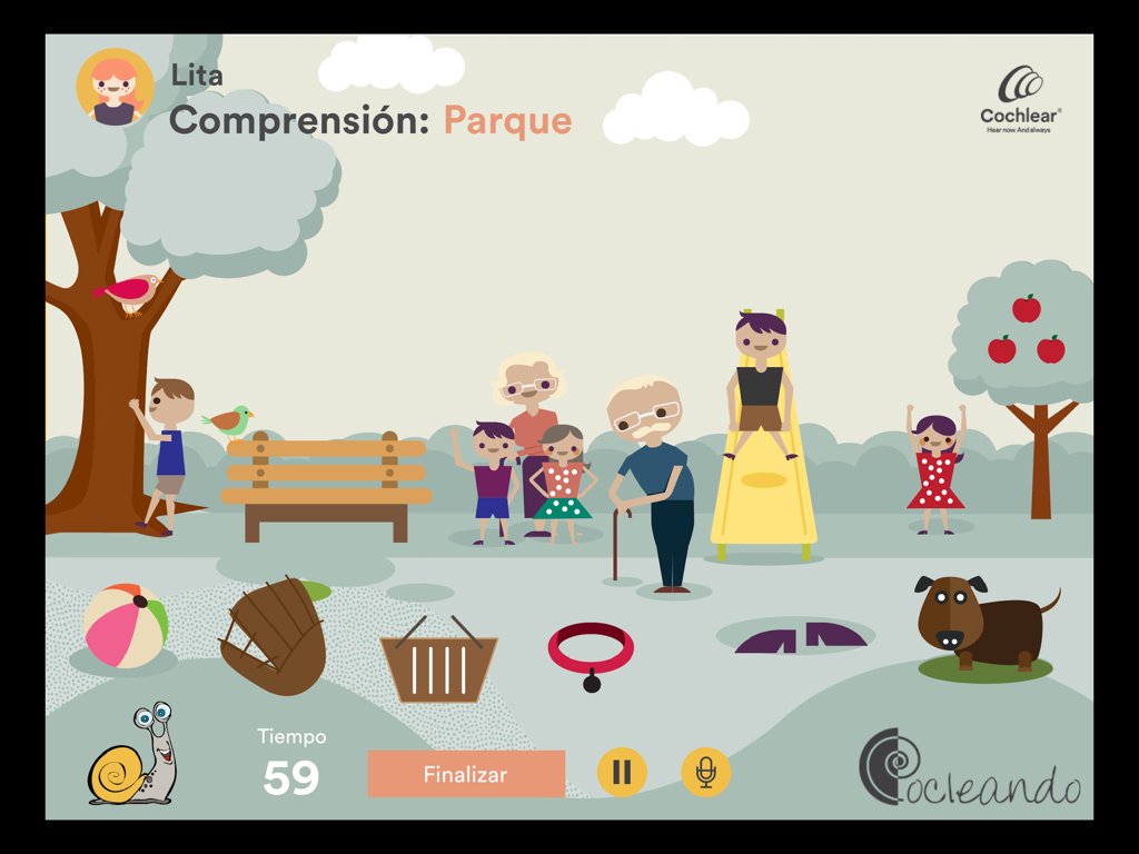 Aplicación de terapia auditiva Cocleando que muestra una escena de parque para ejercicios de comprensión.