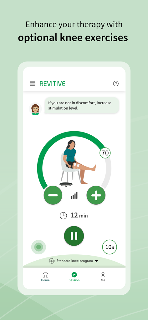 Revitive - Revitive mobile app interface displaying a standard knee therapy session with intensity controls and virtual coach guidance
