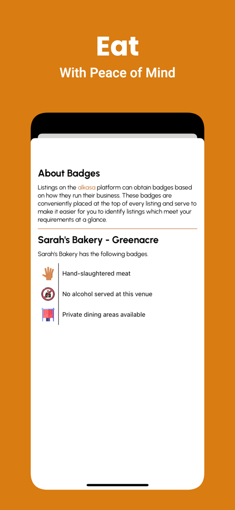 alkasa - Ein Mobile-App-Bildschirm, der Halal-Vertrauensabzeichen für Restaurants erklärt, einschließlich handgeschlachtetem Fleisch und kein Alkohol.