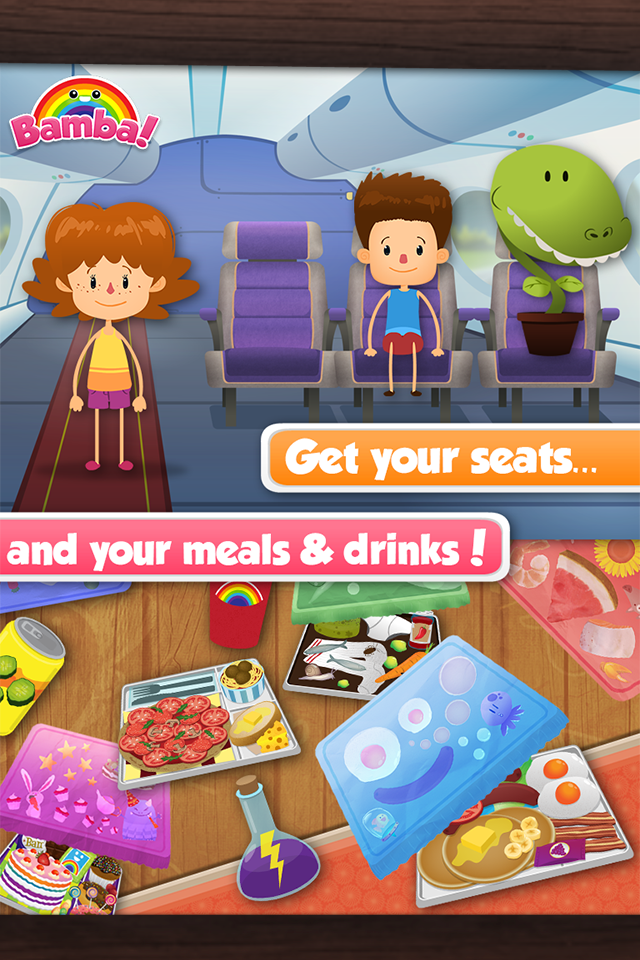 Bamba Airport - Characters sitting in airplane seats above various colorful meal trays in the Bamba Airport app.