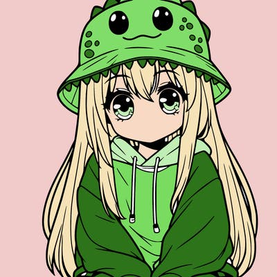 girl with anime shaped eyes with a dinosaur bucket hat oversized sweatshirt long straight hair