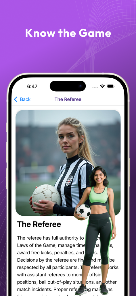 Jimo - Let's play - Educational screen from the Jimo app explaining the role and rules of a football referee