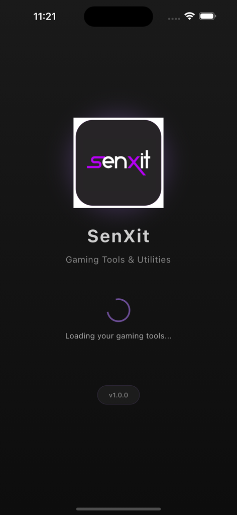 senXit Micro - Pantalla de inicio de la aplicación senXit Micro mostrando el progreso de carga de herramientas y utilidades de juego.