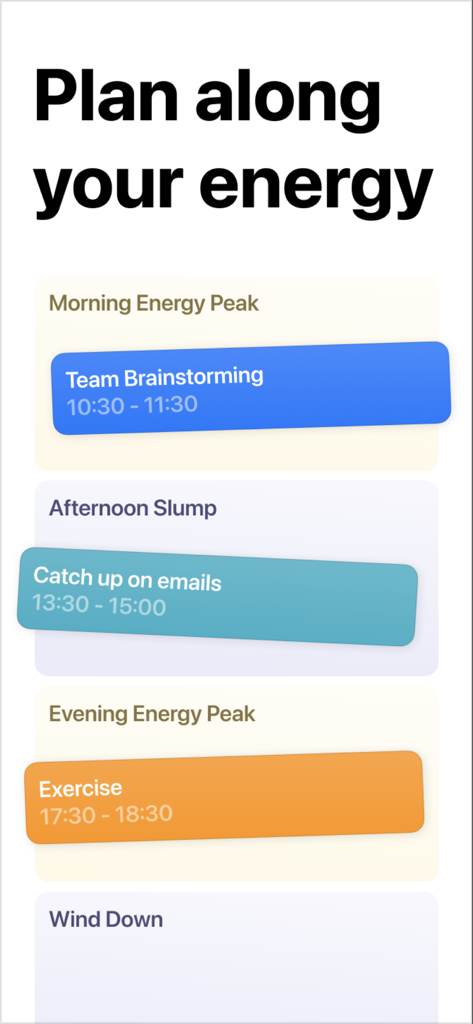 Peaks: Sleep & Energy - Interfaz del calendario diario que muestra tareas planificadas en torno a los picos de energía previstos y los bajones de la tarde