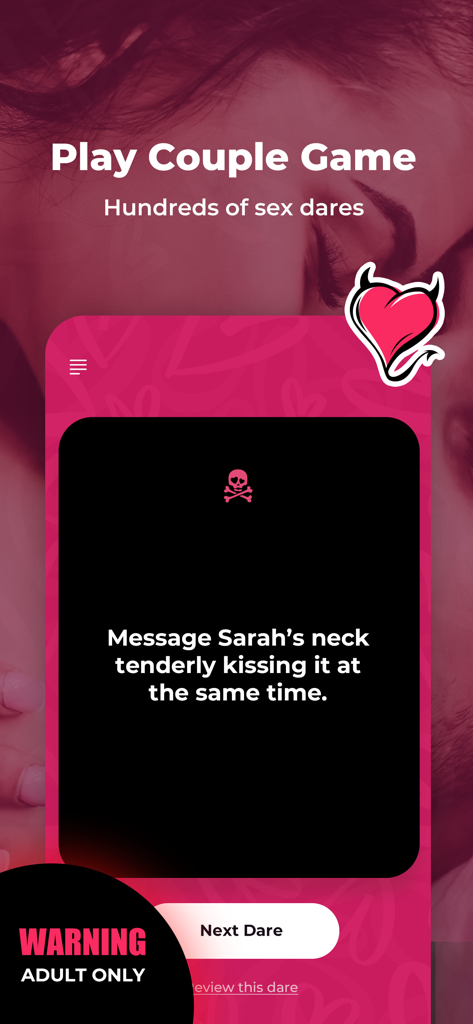 A mobile screenshot showing an adult dare from the Truth or Dare Game for Couples app on a pink background.