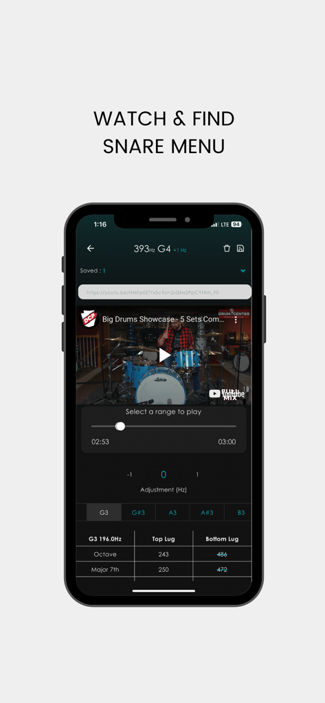 Ultimate Drum Tune - Smartphone-Bildschirm mit dem Watch and Find Snare-Menü in der Ultimate Drum Tune App mit einer YouTube-Video-Referenz und Stimm-Daten.