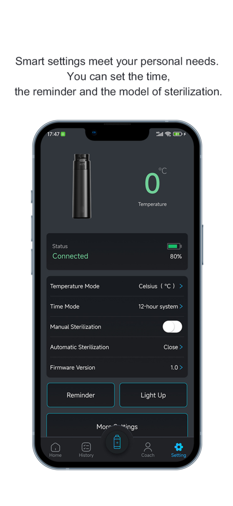 AQUAME PRO - Tela de configurações do aplicativo AQUAME PRO mostrando conectividade da garrafa de água inteligente e controles de esterilização