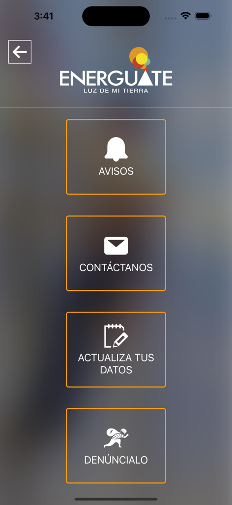 Menu principal do aplicativo Energuate mostrando opções de serviço para clientes de eletricidade
