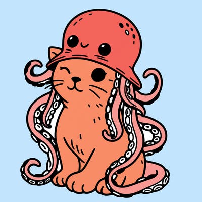 cat sitting down wearing an octopus hat with the octopus tentacles falling on the side of it’s body