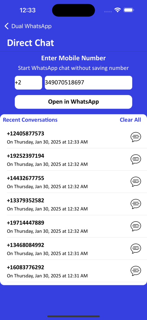 Interface of the DualChat app showing the Direct Chat screen to message phone numbers without saving them to the contact list