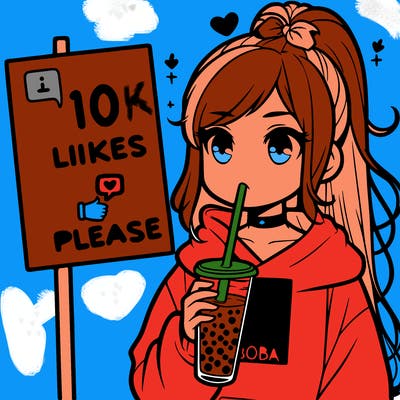 girl with a high ponytail and a hoodie drinking boba staring at a sign saying 10 likes please