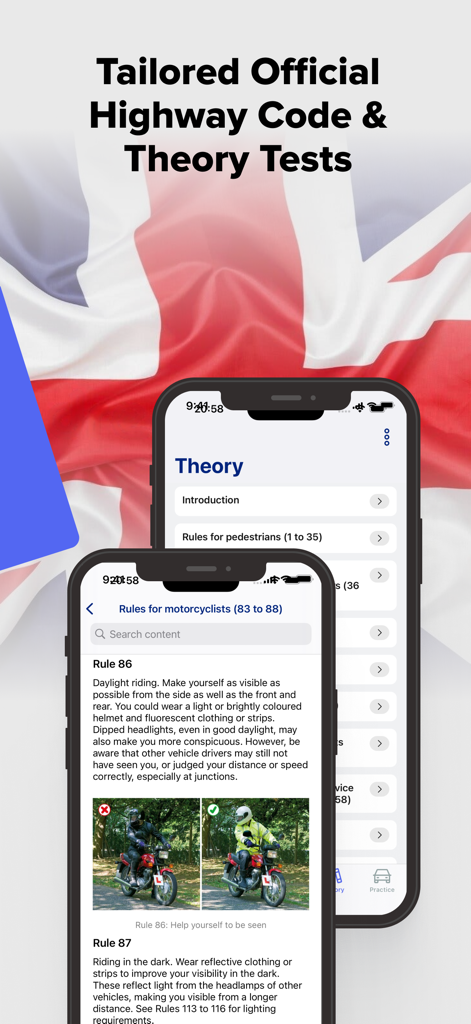 Driving Theory Test Prep 2025 - Interfaz de la aplicación Driving Theory Test Prep 2025 que muestra las reglas oficiales del Código de Circulación del Reino Unido y los módulos de preparación para el examen teórico.