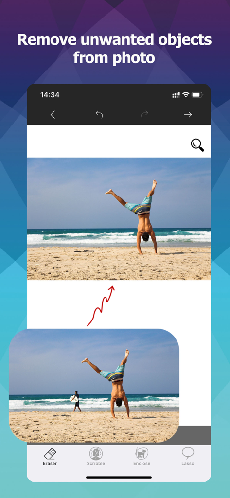 Photo Cut Out Editor - Before and after comparison showing the removal of a person from a beach photo using an object eraser tool