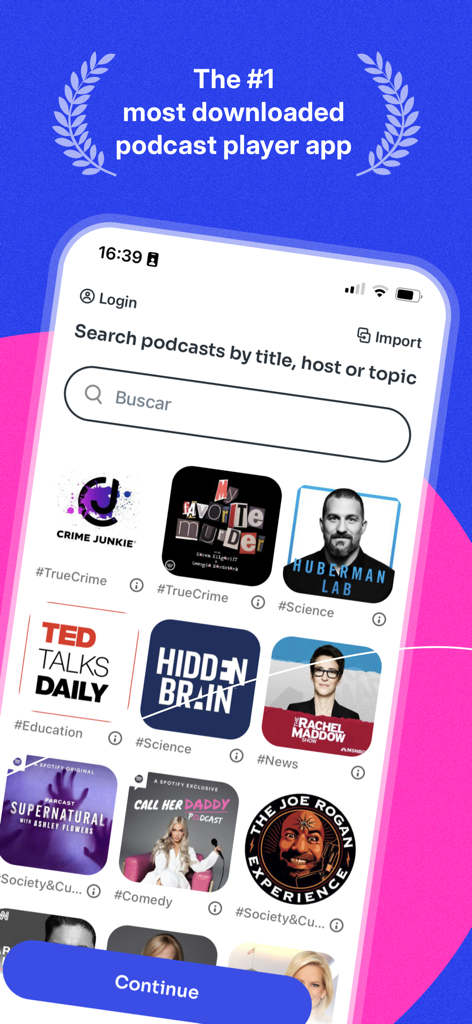 Podcast App - 検索バーと、TED TalksやHuberman Labなどの人気ポッドキャストのサムネイルグリッドが表示されたポッドキャストアプリのインターフェース