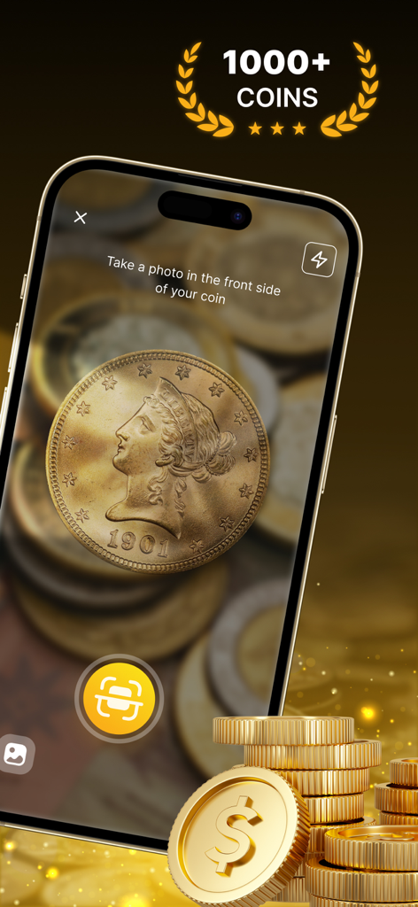 Ein Smartphone, das die Coin Identifier App verwendet, um eine Goldmünze von 1901 auf Wert und Identifizierung zu scannen.