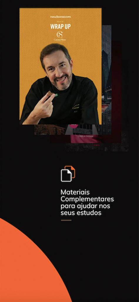 Tela do aplicativo meuSucesso com materiais de estudo complementares para cursos de desenvolvimento profissional.