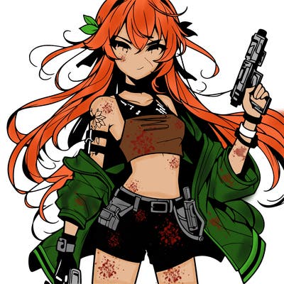 bad girl wearing crop top holding a gun long hair anime