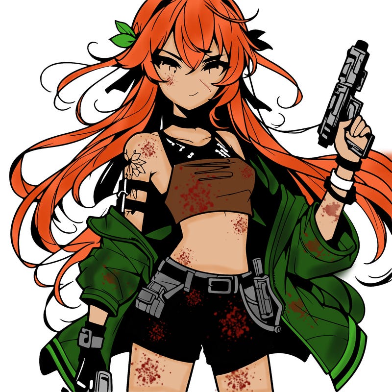 bad girl wearing crop top holding a gun long hair anime