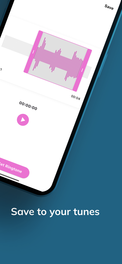 Interface of Clip Tone app showing an audio waveform editor with a save to your tunes button