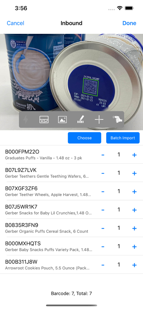 Inbound inventory screen showing a batch of scanned baby products with QR code scanning and item list in Power Barcode Scanner app.